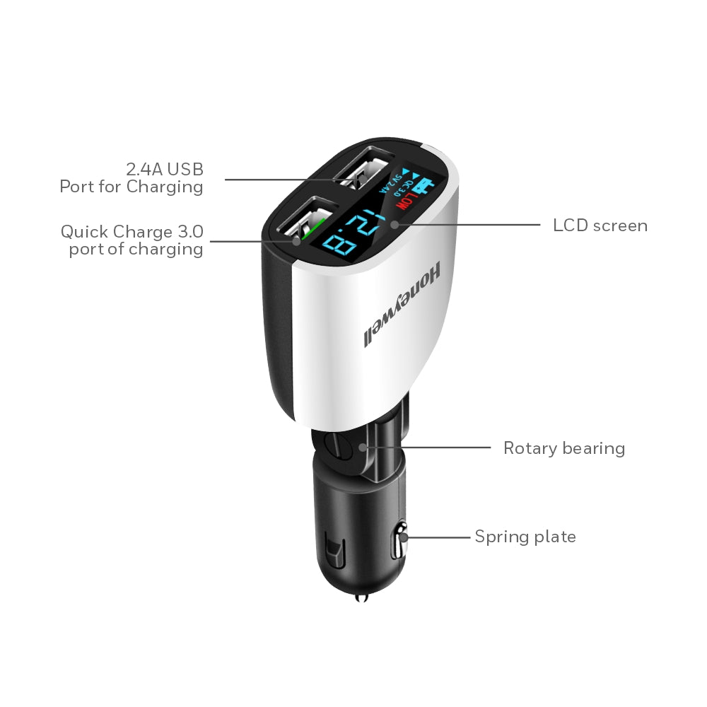 Honeywell Dual USB with LED Display Car Charger, 24W Dual USB Charger, QC 3.0 Fast Charging