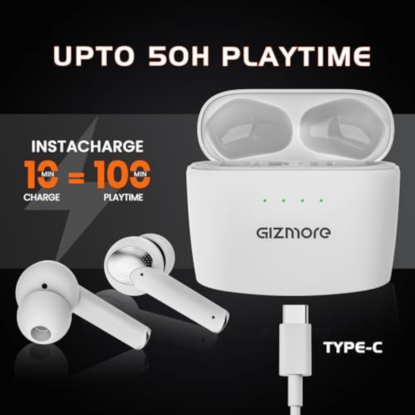 GIZMORE Elite 852 ANC with 36dB Type-C Fast Charging TWS| Up to 50H Playtime (White)