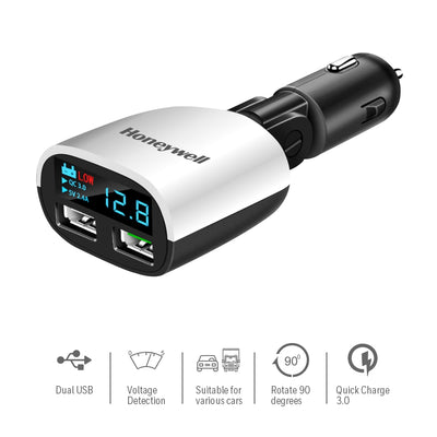Honeywell Dual USB with LED Display Car Charger, 24W Dual USB Charger, QC 3.0 Fast Charging